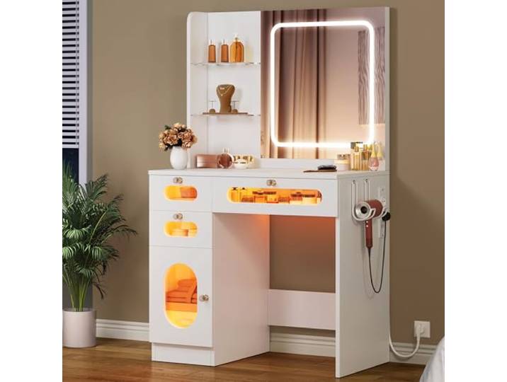 YITAHOME Schminktisch mit LED-Beleuchtung Spiege, Kosmetiktisch mit 3 Schubladen, Schminkkommode mit 2 Ablagen, Verstellbare Helligkeit mit 3 Beleuchtungsstufen, Weiß