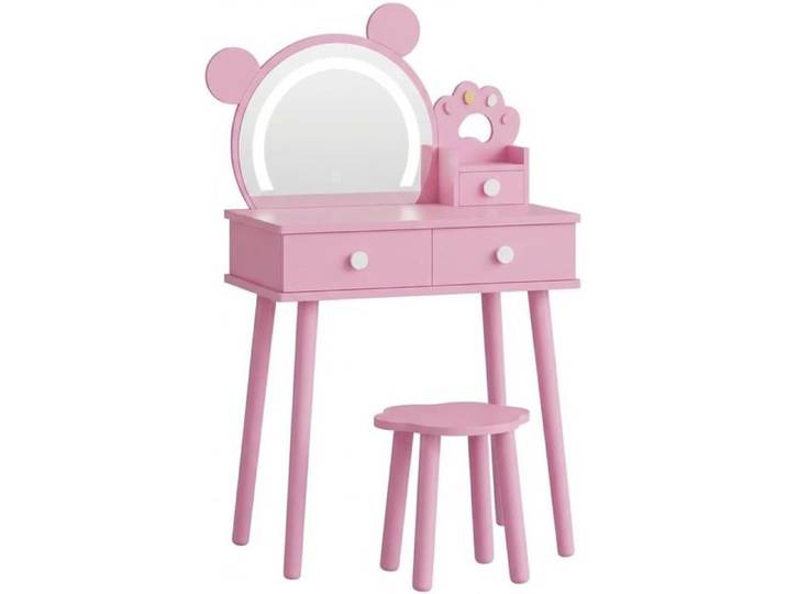 AFF Coiffeuse Enfant en Bois avec Miroir LED Ourson Table de Maquillage Princesse tiroirs de Rangement et Tabouret Fleuri Rose