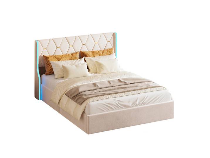 Shopentra Staurabett 160x200 Beige Samt LED Kopfteil, 160x200 cm, Schlafzimmer, Betten, Polsterbetten
