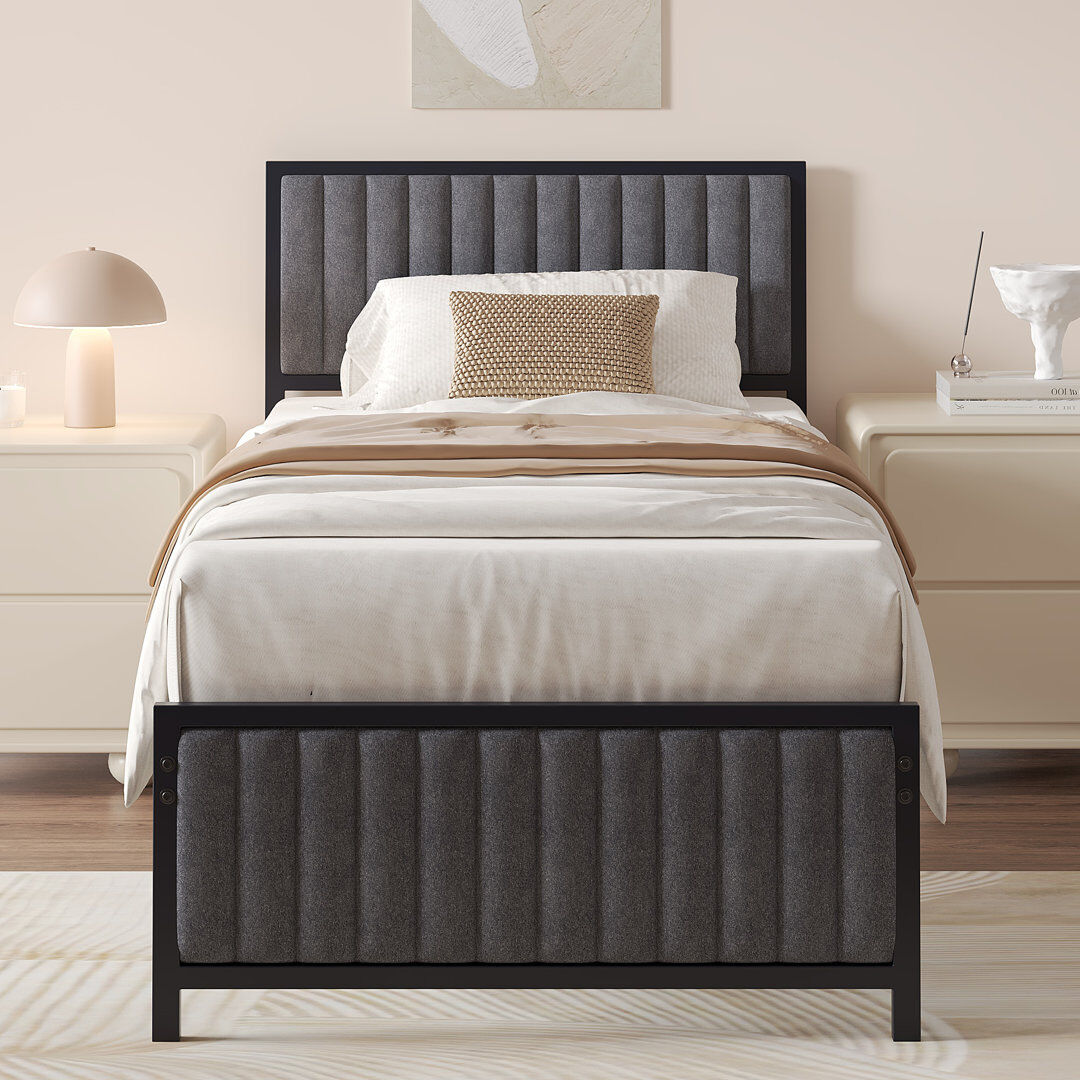 Fairmont Park Metal Platform Bed Frame With Upholstered Headboard And Footboard, Heavy Duty Steel Slats Platform Bed, No Box Spring Needed Dark Grey Single (3')