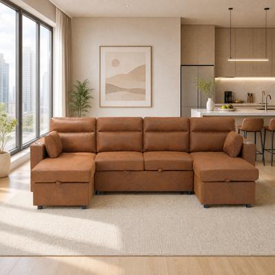 Kodotan sofa Convertible U-Shaped Sectional Sofa Bed with Double Storage Chaises, Pull-Out Sleeper, Cup Holders, and Lumbar Pillows