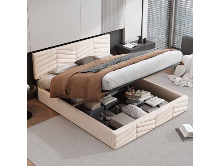 Lit double - GUTENT - 140x200cm - Beige - Tête de lit réglable - Structure en métal