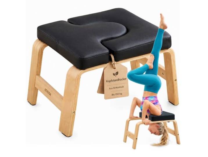 Yoga Hocker Yogastuhl Kopfstandhocker aus Birke bis 150 kg Yoga-Kopfstandhocker für Übungen zu Hause mit schwarzem Polster aus veganem Leder und bis zu 150 kg Belastbarkeit.