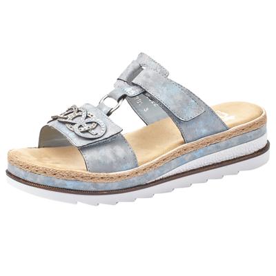 Pantolette RIEKER, Damen, Gr. 40, blau (hellblau), Lederimitat, Schuhe Pantolette, Plateau, Sommerschuh, Schlappen mit Strass-Stein-Verzierung