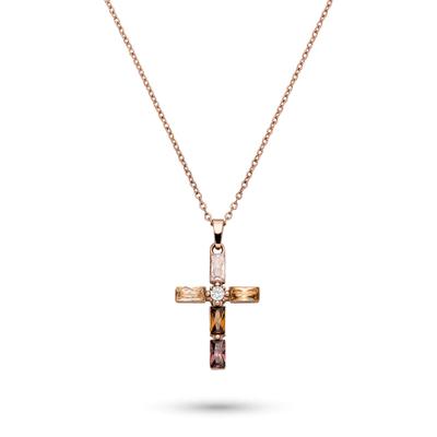 Kette mit Anhänger S.OLIVER "Schmuck Geschenk Edelstahl Halskette The Stone Cross, Kreuz", roségoldfarben, braun, Halsketten, Damen, Edelstahl, L: 50 B: 1,3mm, mit Zirkonia (synth.), B:1,3mm