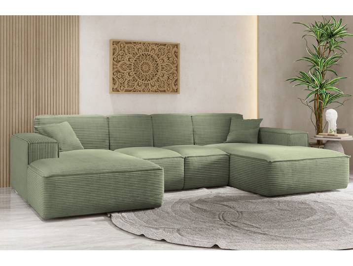 Kaiser Möbel Ecksofa, Eckcouch U form, Wohnzimmer Couch Large 342cm SIENA stoff Poso Hellgrün