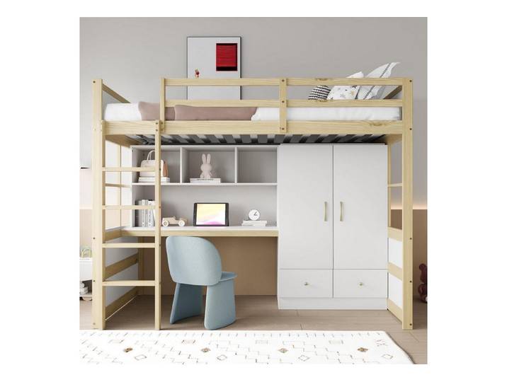 LuxusKollektion Hochbett Hochbett 90x200 cm mit Schreibtisch & Schrank Holz (1-St)