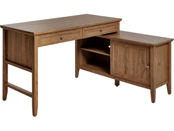 Eckschreibtisch JAHNKE CLASSIC C 145 E , braun (montana eiche, montana eiche, montana eiche), B:144,9cm H:79cm T:120cm, Tische, Eckschreibtisch, wechselseitig montierbar, mit Schiebetür, Schenkelmass 144,9 x 120 cm