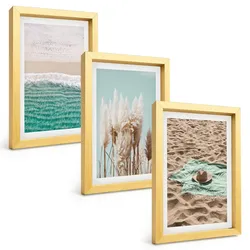 BILDER SET 3er Set - 20x30 cm Goldrahmen - Strandwellen Grashut