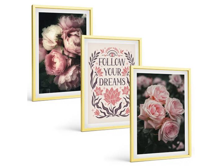 BILDER SET 3er Set - 40x60 cm Goldrahmen - Vintage-Rosenträume-Inschrift