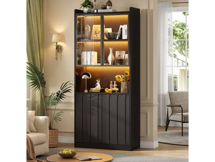 Vitrine LED armoire haute avec portes D'armoires en verre vitrine avec LED et cloison ouverte pour de salon cuisine 80x35x200cm noir