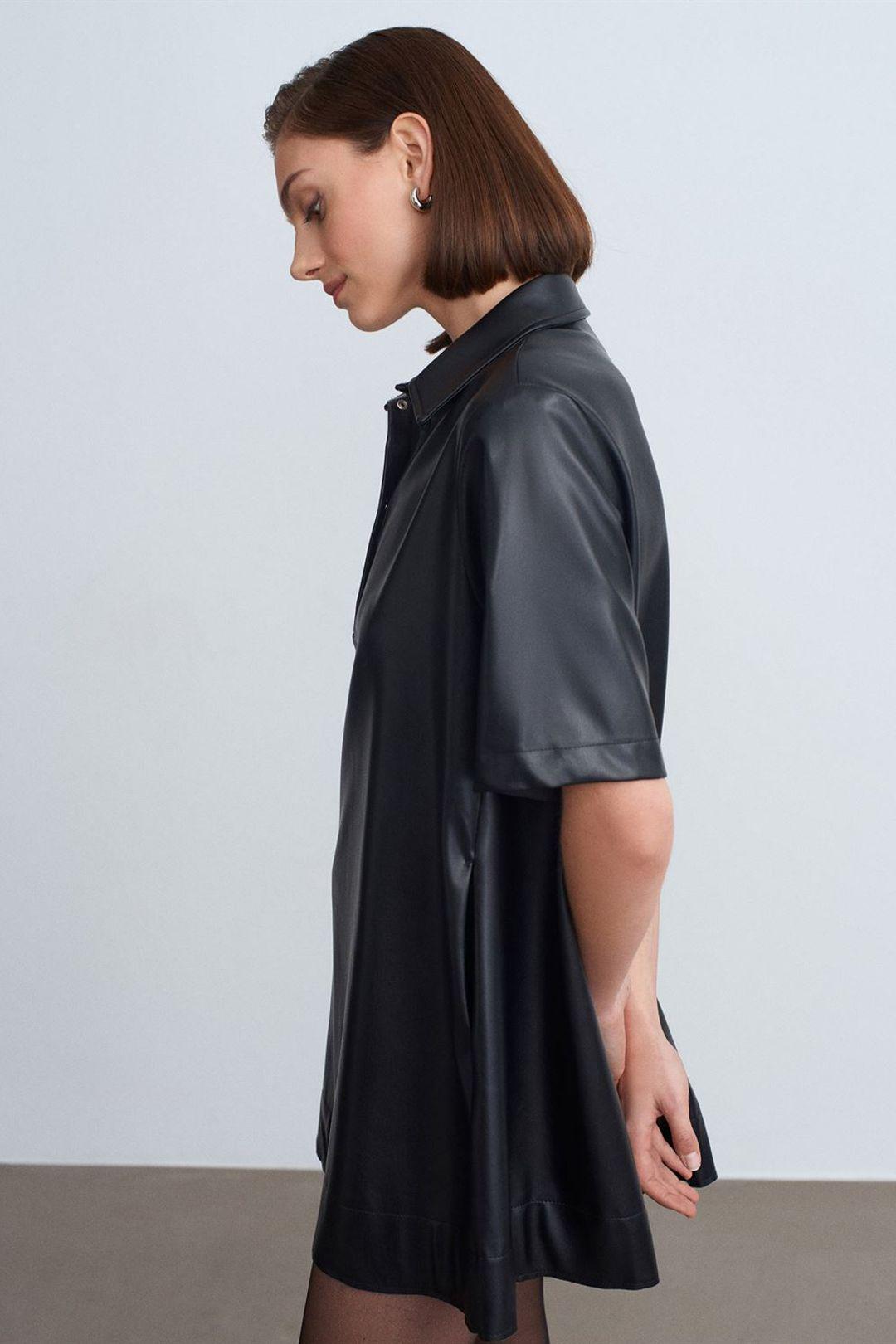 Lässiges Fake-Leder Minihemdkleid