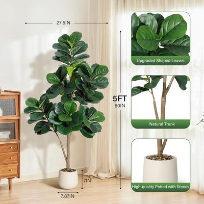 YUN 5 ft Artificial Fiddle Leaf Fig Tree in White Planter - With White Planter