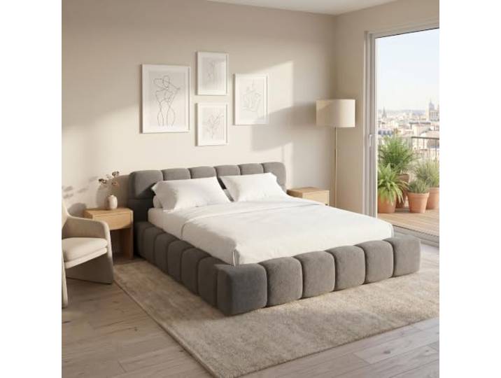 Muffo Polsterbett mit Bettkasten 160x200 Olivgrün Doppelbett, Betten fürs Schlafzimmer, Gasdruckfedern, Bettgestell mit Kopfteil, AMITY, Bouclé-Stoff ABRIAMO