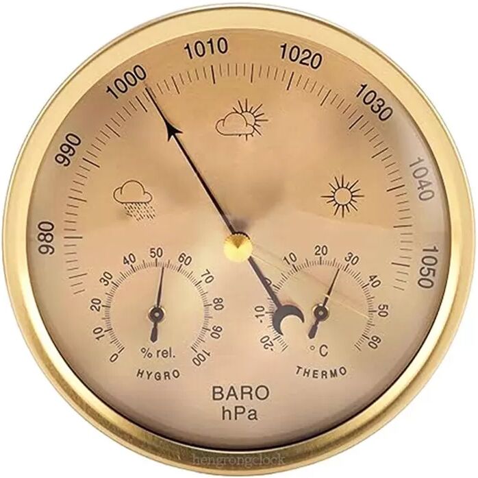 INF Baromètre de 130 mm de diamètre avec thermomètre et hygromètre - Finition dorée, aiguille en queue de poisson