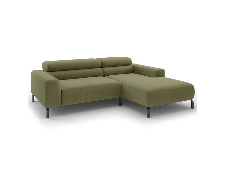 Ecksofa Longchair opt Funktion Grün Webstoff Esila 223cm Longchair davorstehend rechts Kopfstütze verstellbar