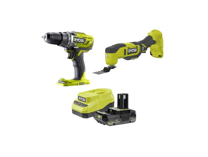 Ryobi Pack 2 Outils One+ 18v Perceuse-visseuse + Outil Multifonction Oscillant + Batterie 2ah + Chargeur R18ck2g-1c20g