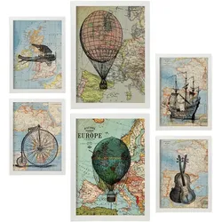POSTER Set Mit 6 Vintage Maps Sammlung A3 & A4 Weißer Rahmen