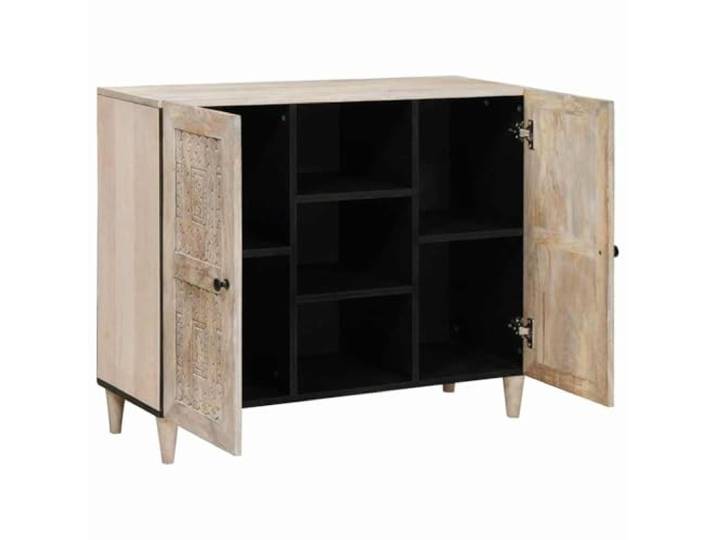 Sideboard aus Massivholz Mango, Bleached White, 90 x 33 x 75 cm Massivholz Mango, Bleached White, geschnitzter Rahmen, Scharnieren und Knoepfe, vielseitig nutzbar