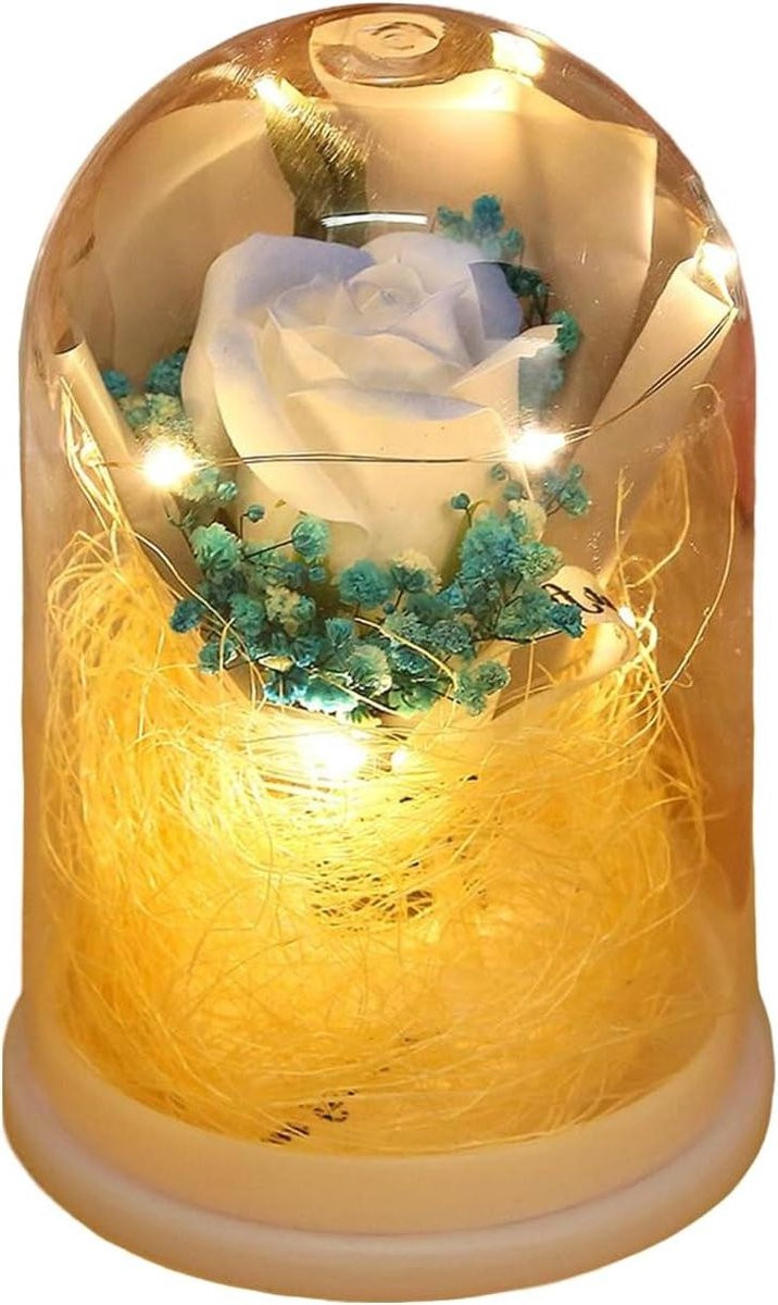 Lichtblauwe Eeuwige Rose Decoratie Bloem met LED Verlichting, Hoogte: 12 cm