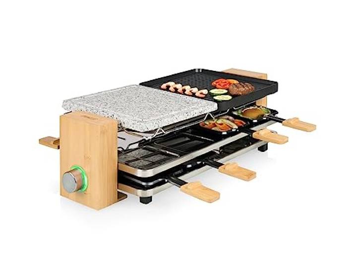 Bambus Raclette 8 Pers. Ablage für Pfännchen, Steinpatte, 2 x 21x23cm 1300Watt