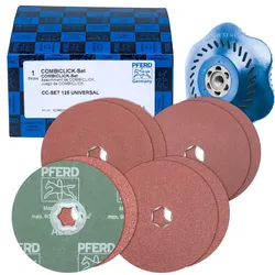 PFERD TOOLS COMBICLICK-Fiberscheiben-Set Korund 125mm mit CC-H-GT-Stützteller für universelle Anwendungen - 42098001