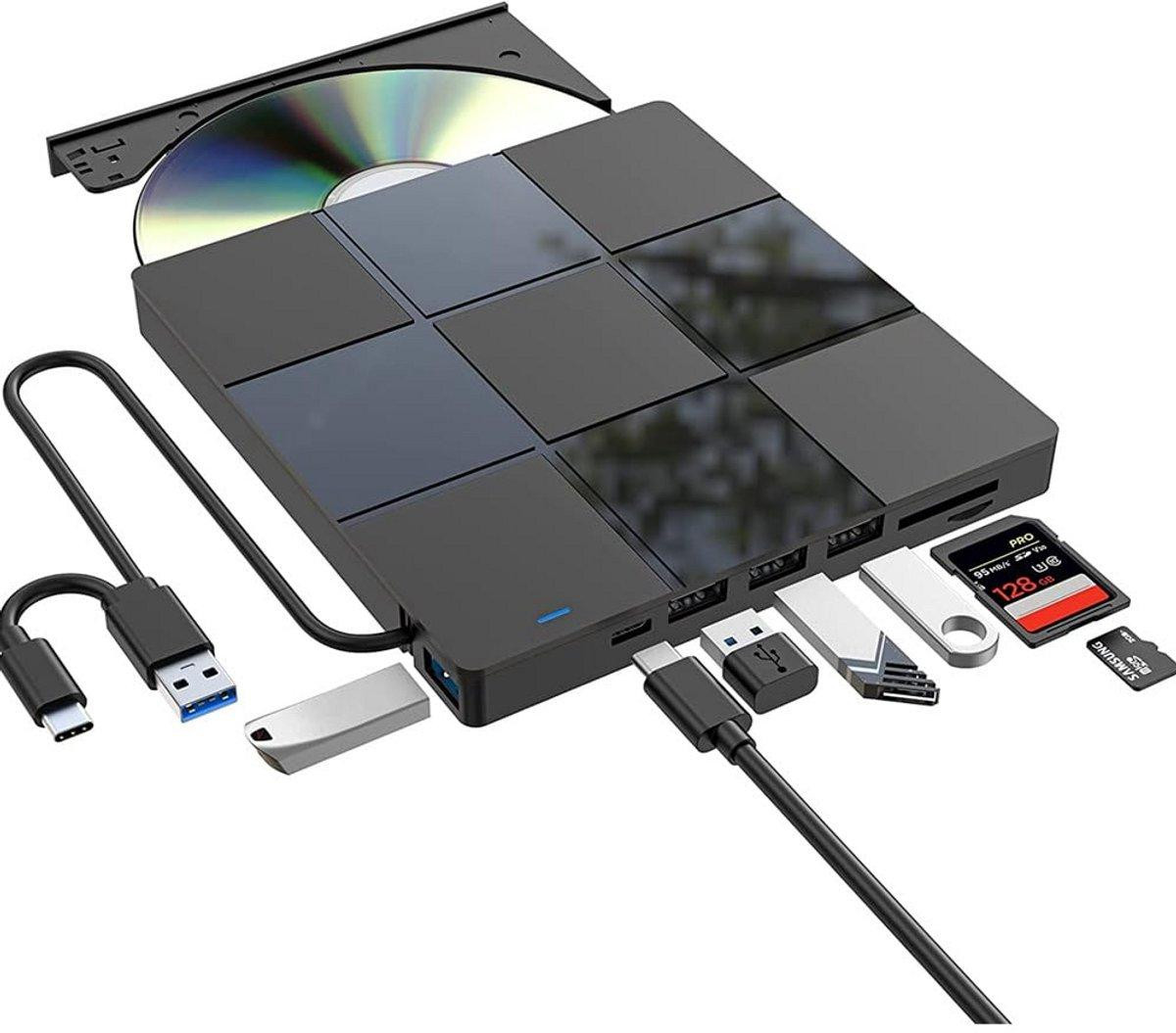 Minicee Externe DVD/CD-brander met dubbele USB 3.0-poorten en USB-C, plug-and-play, draagbaar