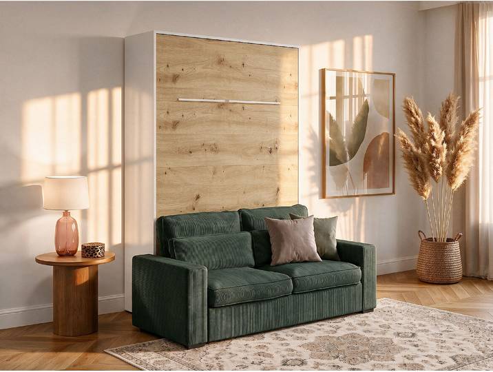 Schrankbett 140 x 200 cm - Manuelle vertikale Öffnung - Mit LEDs - Weiß und Naturfarben + Matratze + Grünes Sofa - RAPILI