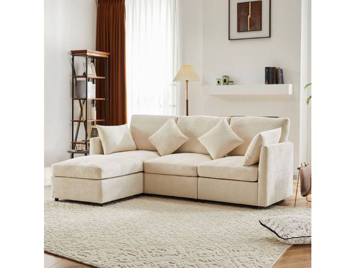 JOINERY canapé angle modulable réversible 3 4 places pouf mobile chenille beige 216 x 161 x 81 cm 4 coussins salon
