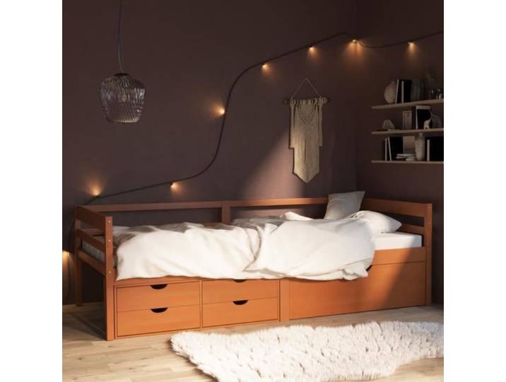 Lit simple UMR moderne Cadre de lit avec tiroirs et armoire Marron miel Pin 90x200 cm -[9367]