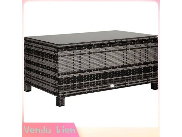 LIA Table basse jardin verre trempé rotin tressé gris 85x50x39cm