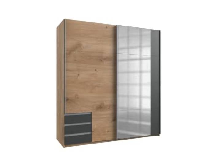 Kleiderschrank Emden Plankeneiche mit Graphit 179 cm Breite mit Spiegel