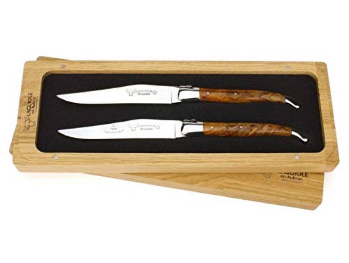 Laguiole en Aubrac - 2er Set Laguiole Steakmesser aus Frankreich - Griff Teakholz - Stahl glänzend