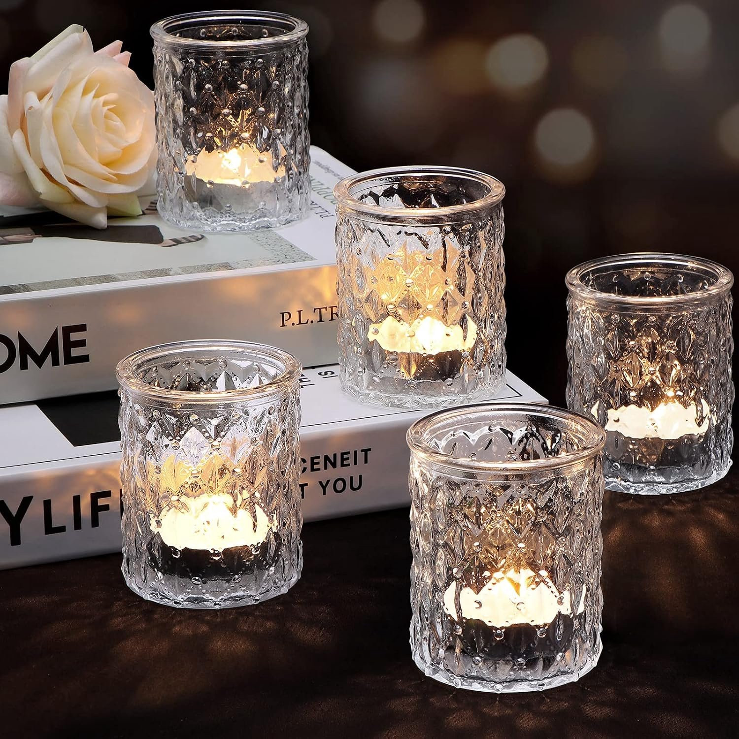 12x Glazen Theelichthouders - Transparant, Vintage Decoratie