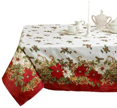 Violet Linen Blossom Christmas Poinsettia & Holly Berry Tablecloth