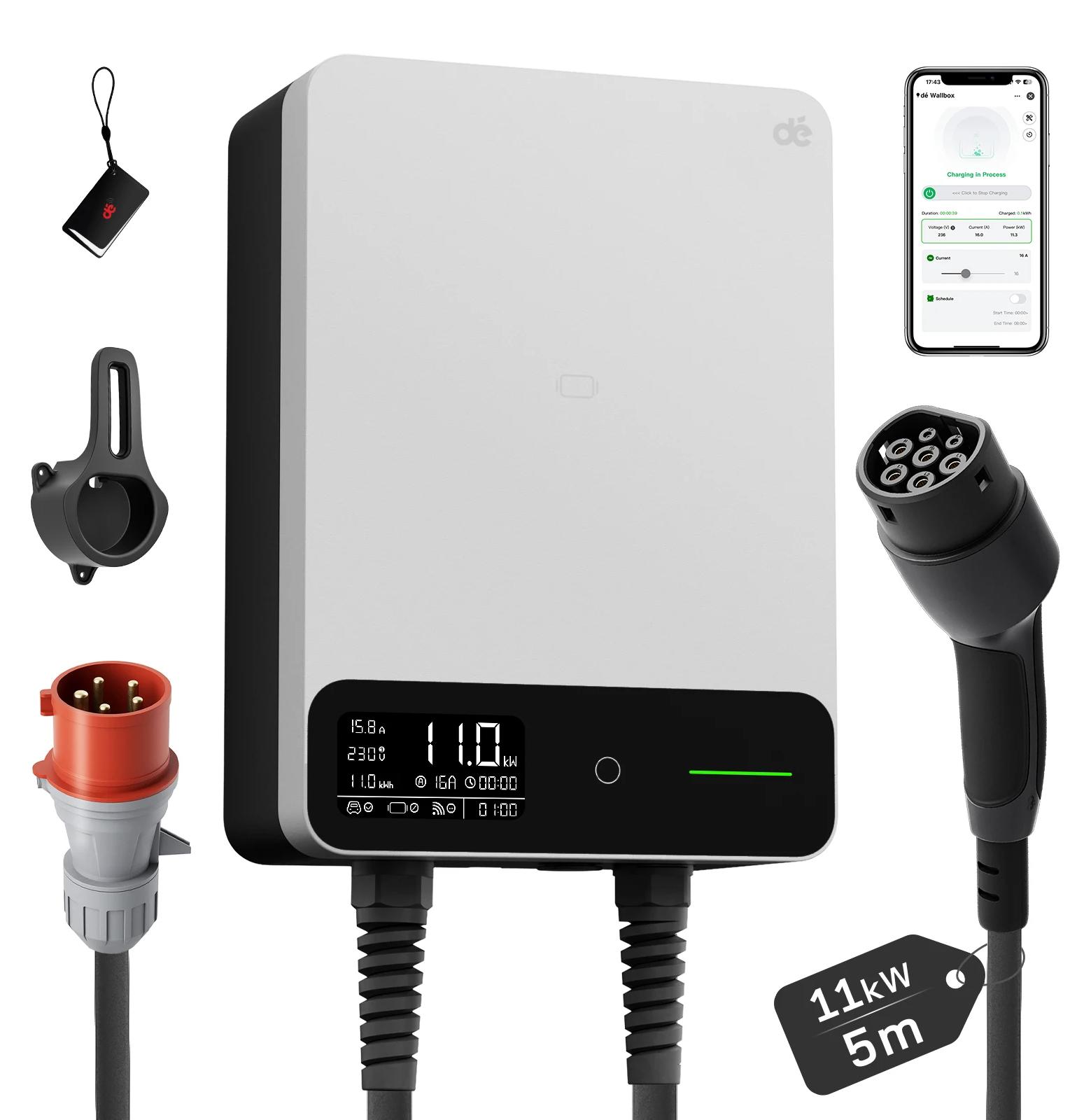 Wallbox - Typ-2-Ladestation für Elektroautos - 11 kW - 3-phasig - 16 A - WLAN-App-Steuerung - IP55 - 5 m - Weiß