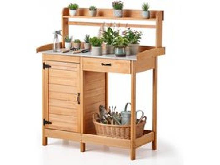 VEVOR Table de Rempotage 3 en 1 Table de Jardinage 112x46,5x125,5 cm pour Plantation Extérieur Terrasse Jardin, avec Tiroir Armoire Étagère de Rangement, Surface Plan Travail Métal Galvanisé, Crochets