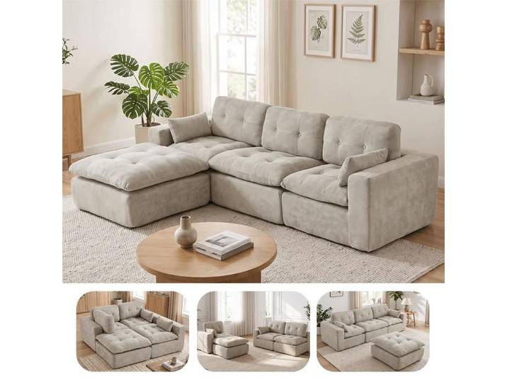 GOEURVANT Canapé 4 Places Modulaire Chenille Gris Clair avec Pouf - Sans Montage - Ergonomique - Ressorts Ensachés - Moderne Salon
