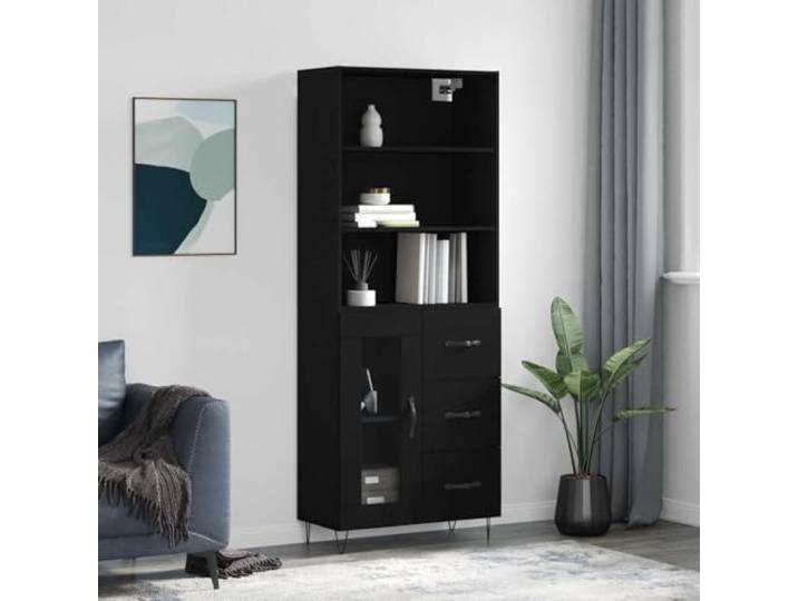RJPLMFV Anrichte, hoch, 180 cm, Holz, Schwarz Stabile Eisenfüße, praktische Tür, großer Stauraum, Wandbefestigung inklusive