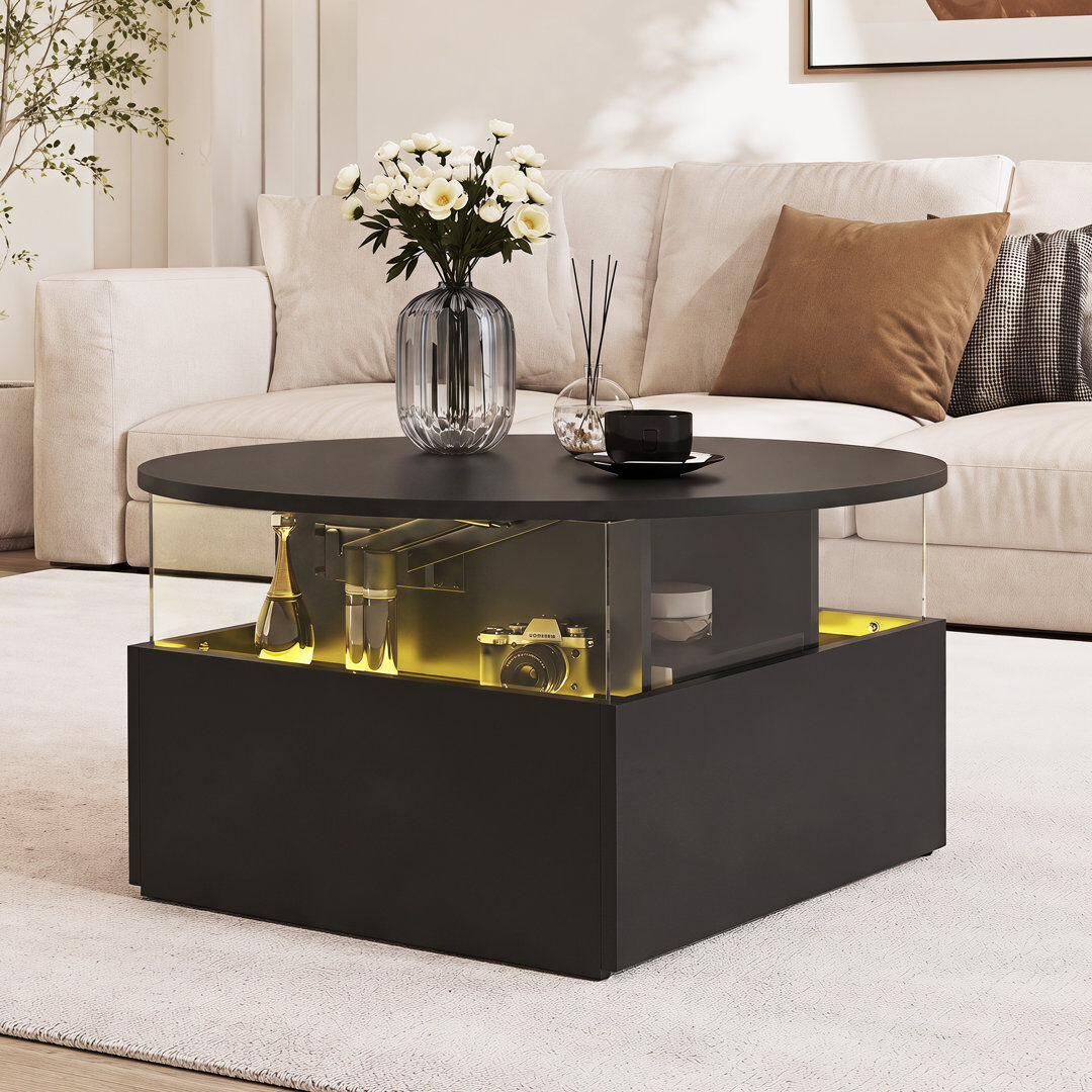 Metro Alpena 80cm Round Coffee Table with 2 Drawers and LED Lighting Black 40cm H X 80cm W X 80cm D