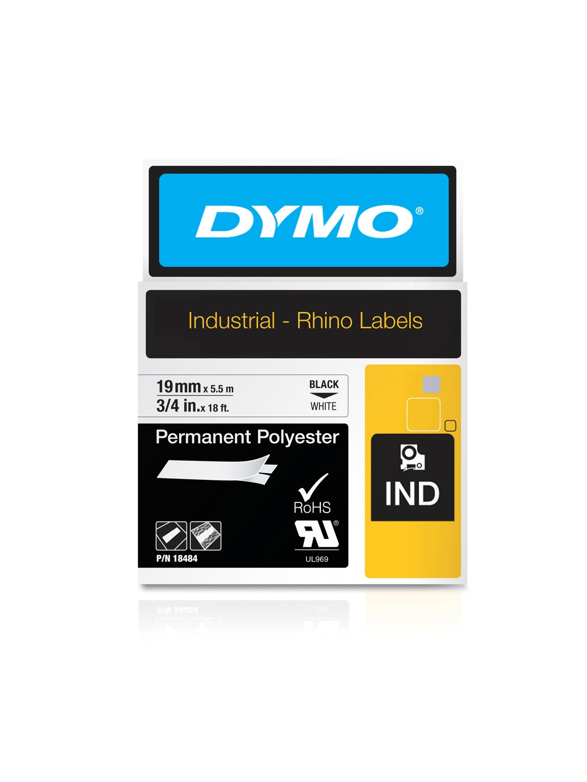 DYMO Rhino Industrie Permanente Polyesteretiketten | 19 mm x 5,5 m | Schwarz auf Weiß