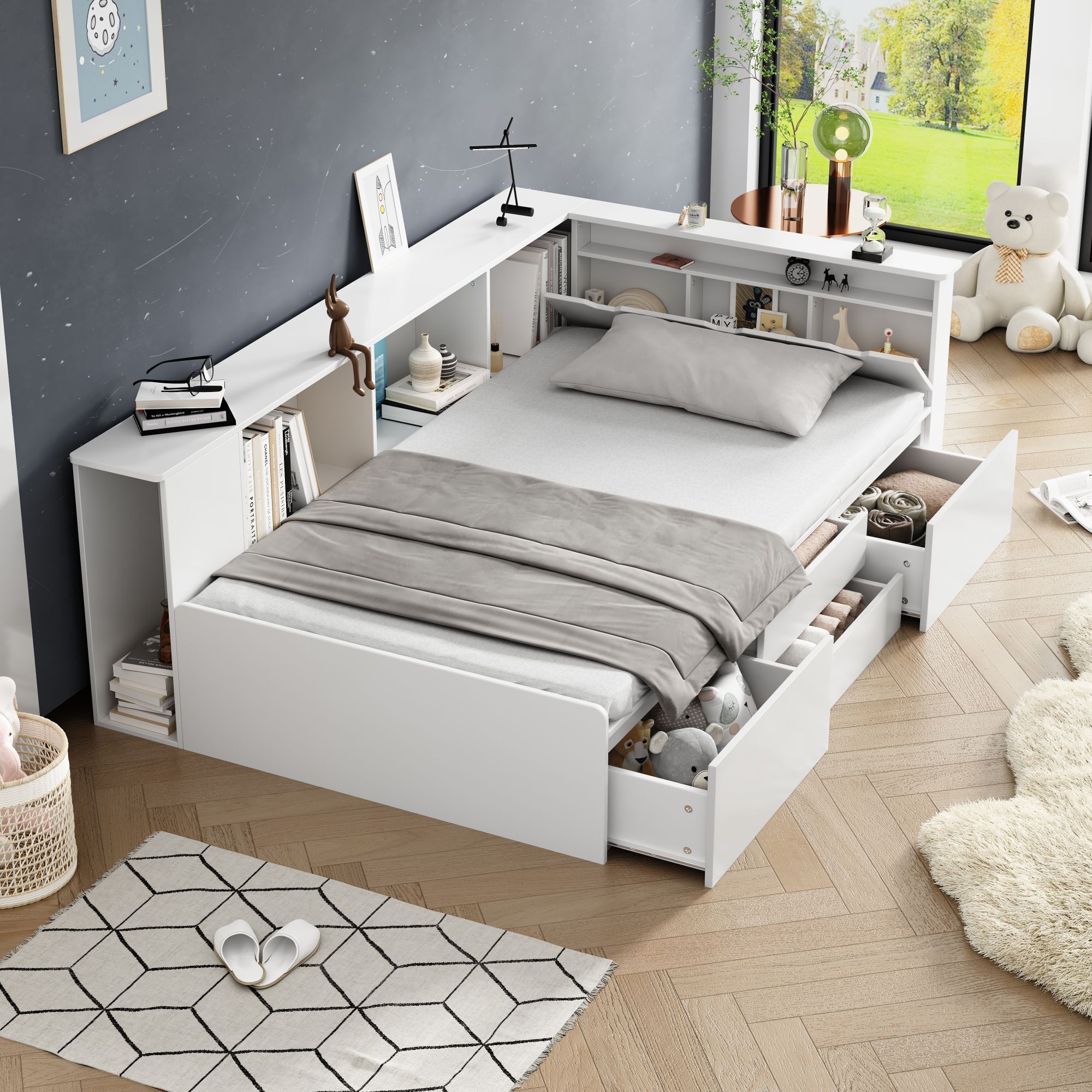 Kinderbett,90*200cm,Einzelbett,Multifunktionales Kinderbett mit Schubladen,Bücherregal und Stauschrank,Bettkasten mit Stauraum,ohne Matratze,weiß