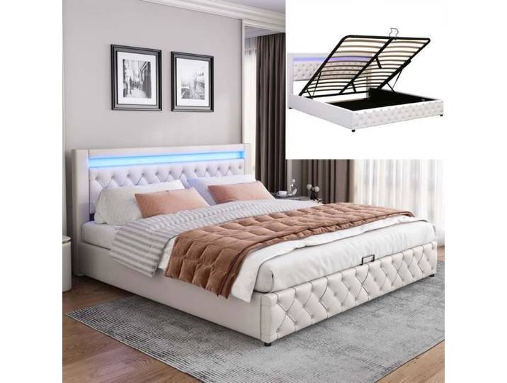 Lit - 180x200 cm - Tissu PU - blanc - 2 places