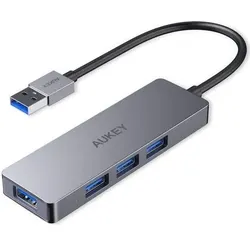 Aukey CB-H36 Aluminium HUB USB-A Ultraschlank 4in1 4xUSB 3.0 5 Gbit/s (USB-A, 4 Ports), Dockingstation + USB Hub, Silber