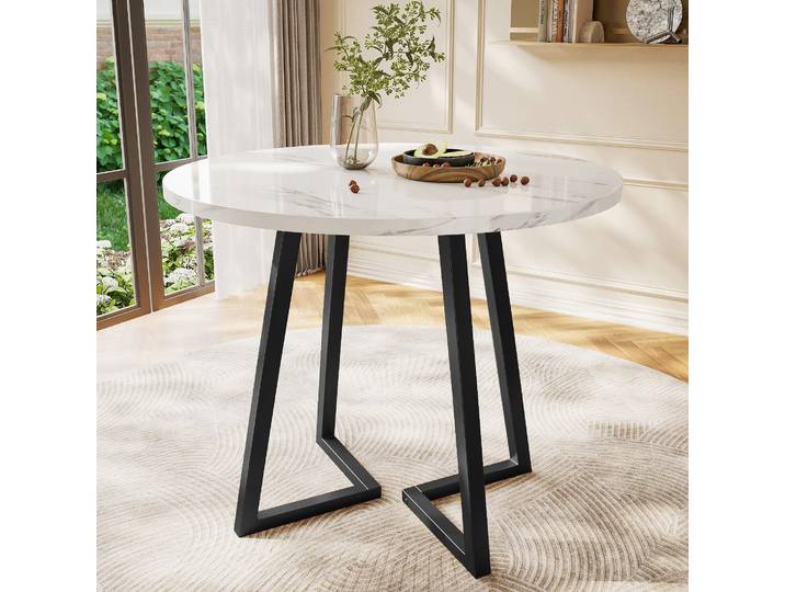 Table à manger ronde Fortuna Lai (1 pièce)\, table de cuisine\, structure métallique unique\, table à manger au motif marbré moderne\, adaptée à la salle à manger\, au salon\, blanc/noir