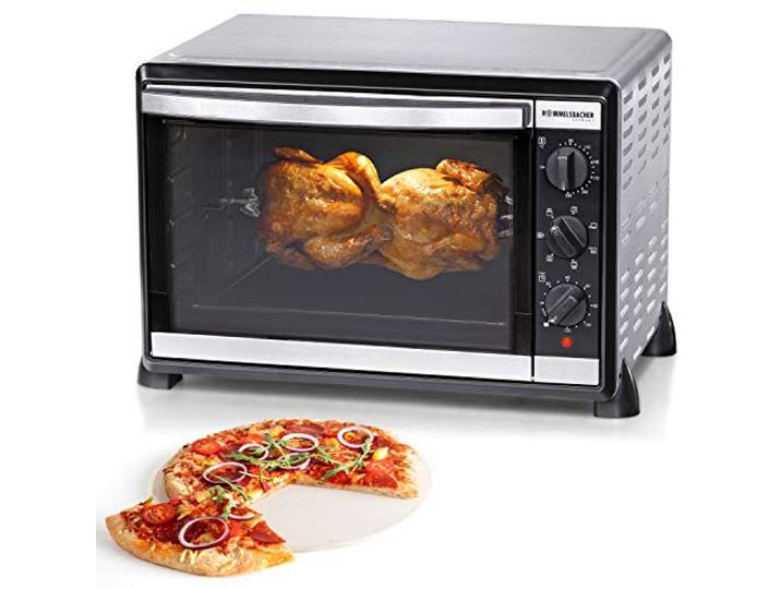 ROMMELSBACHER BG 1805/EE Minibackofen mit Umluft & XXL-Drehspieß / 42 Liter / 7 Heizarten / 4 Einschubebenen/Doppelverglasung/Innenbeleuchtung / 1800 W/Edelstahl