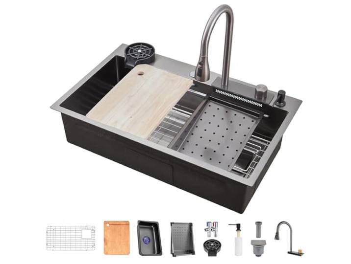 FGNIXLN Wasserfall Küchenspüle, T304 Edelstahlspüle, 86x50cm multifunktionale Küchenspüle, Einbauspüle, spülbecken mit multifunktionalem Wasserhahn und verschiedenen Zubehörteilen (86X50CM)