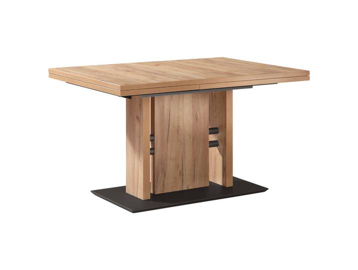 Moderano Esstisch, Schwarz, Eiche, Metall, rechteckig, Säule, Wange, Bodenplatte, 90x75x130-180 cm, Goldenes M, ausziehbar, in verschiedenen Größen erhältlich, Holzdekoren erhältlich, Esszimmer, Tische, Esstische, Esstische ausziehbar