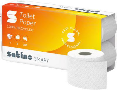 Satino Toilettenpapier Smart, 3-lagig, mit Prägung, L 27,5 m x B 94 mm, Recycling-Papier, hochweiß, 8 x 250 Blatt
