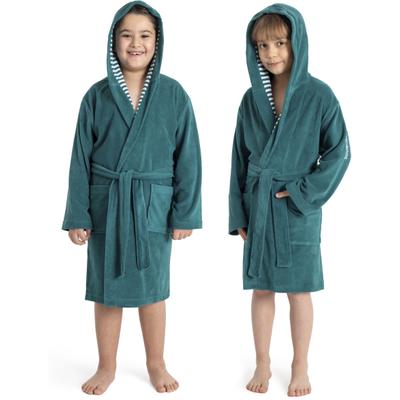 Kinderbademantel KANGAROOS "Dalia, Ideal für Zuhause, Schwimmbad oder im Urlaub" Gr. 152, smaragd, L:102cm, Veloursfrottier, Hausmäntel, Uni-Farben mit Streifen